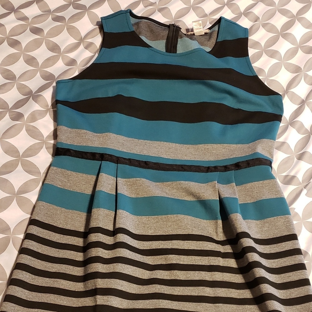 LOFT Grey, black and teal stripe dress